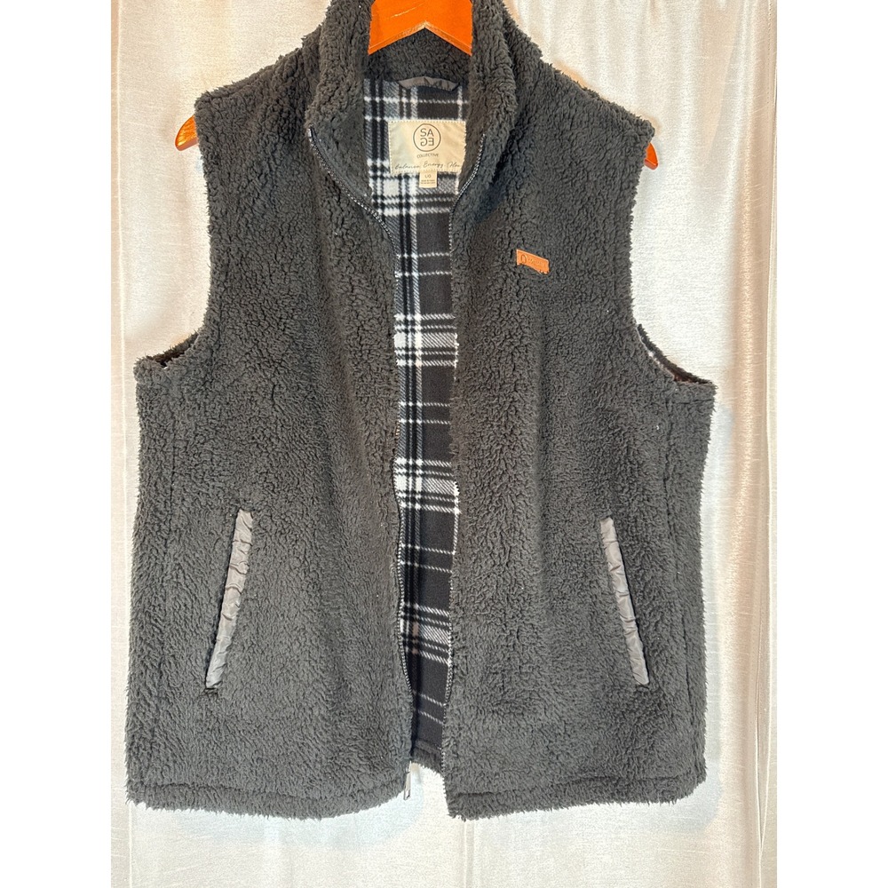Sage Collective Womens Vest black Fleece Plaid Lined Sleeveless Jacket Large